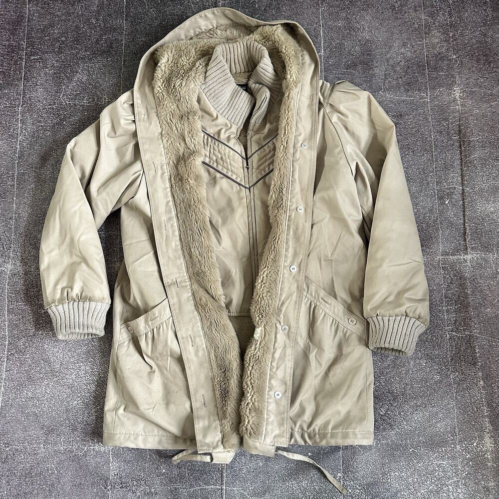 Women's Vintage 70's Mod Maid Faux Fur Brown Lined Button Up Parka Jacket Sz L
